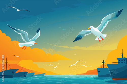 Seagulls Flying Over Harbor Scene Vector Illustra