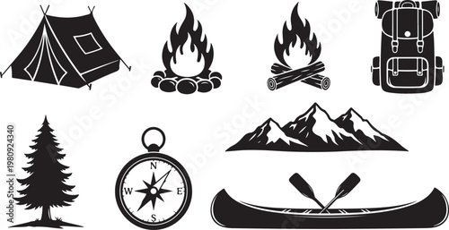 Camping and outdoor adventure icons and symbols in black