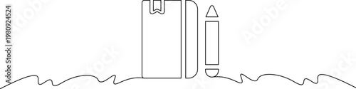 A simple line drawing of a book and pencil on a wavy surface