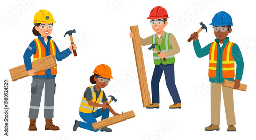 Diverse construction workers collaborating on a woodworking project with lumber