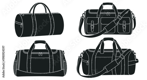 Four black and white illustrations of different styles of duffel bags