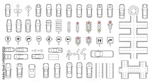 Collection of various traffic signs and road layouts.