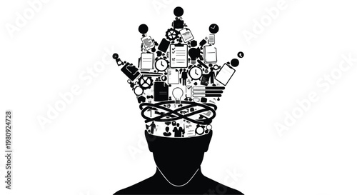 man with chaotic thoughts and ideas in head