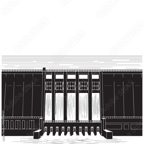 Minimalist black and white vector illustration of a hydroelectric dam for renewable energy and infrastructure concepts