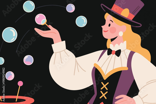 Magician in purple costume with top hat conjuring colorful bubbles above magic hat on dark background, vector illustration.