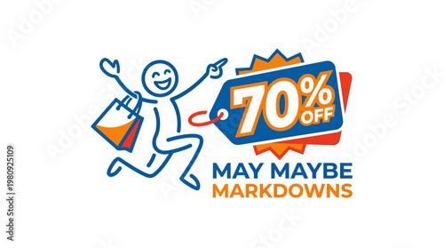 Excited Cartoon Figure with Discount Tag and Shopping Bag