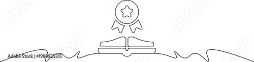 A minimalist line drawing of a medal and ribbon above a book on a wavy surface