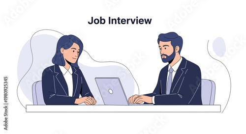 Job Interview: Woman Applicant and Male Interviewer with Laptop