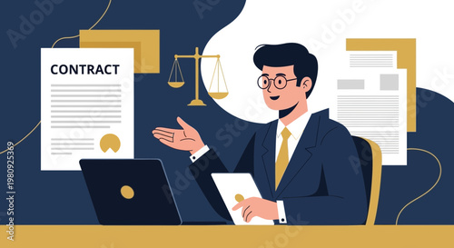 Lawyer with Contract and Scales of Justice, Business and Legal Concept