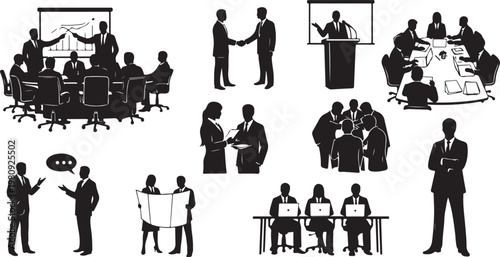 Business People Silhouettes in Various Meeting and Presentation Scenes
