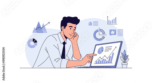 Man analyzing financial charts on laptop, business growth concept