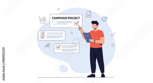 Man checking off tasks on a campaign project checklist, project management concept
