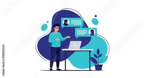 Man communicating online via laptop, virtual meeting, chat bubbles, remote work concept