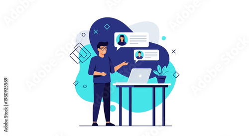 Man communicating online via laptop with chat bubbles, digital marketing concept