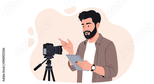 Man filming himself with camera and tablet, vlogger recording content for social media