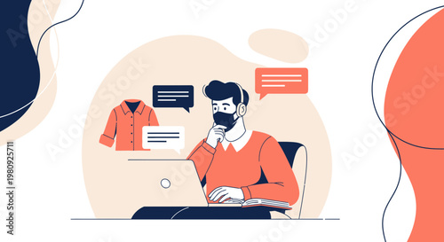 Man in mask working on laptop, online shopping for clothes, communication concept