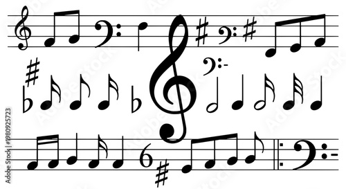 Music notes staff with treble clef and rhythmic eighth notes for musical notation icons and lessons featuring rhythm, melody, score with typography