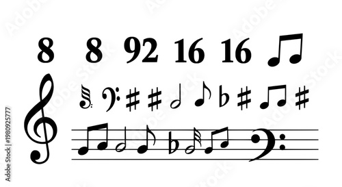 Music note icon set with handwritten black notes, staff lines, and rhythm symbols for creative design