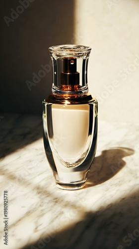 Glass perfume bottle on a marble table with sunlight and no people