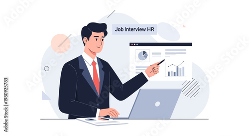 Man in Suit Presenting Job Interview Data on Laptop Screen