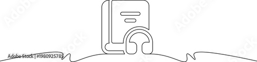 A minimalist line drawing of a book with headphones on a simple landscape