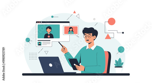 Man in video call meeting with colleagues, remote work, online communication concept