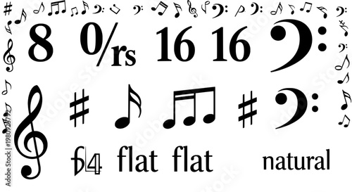 Musical notes and symbols set with various elements and notation marks featuring sheet music, treble clef, bass clef with quarter note and eighth