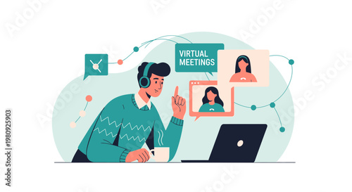 Man in Virtual Meeting with Colleagues on Laptop Screen, Remote Work Concept