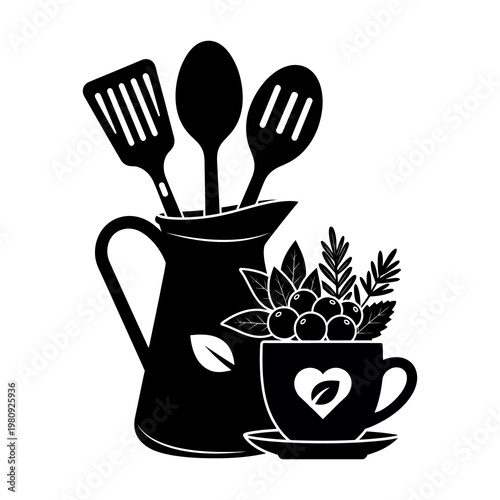 Black silhouette of kitchen utensils pitcher and coffee cup with herbs vector illustration