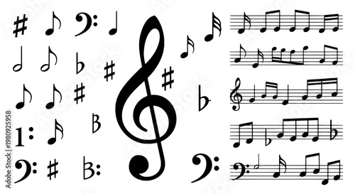 Musical notes and symbols set with treble clef and sharp signs featuring black and white, sheet music, music theory, clean composition on simple