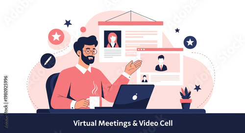 Man in Virtual Meeting, Online Conference Call, Remote Work, Video Chat