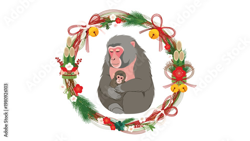 Adorable Japanese macaque holding a baby monkey within a festive New Year wreath decorated with pine, plum blossoms, and traditional ornaments.