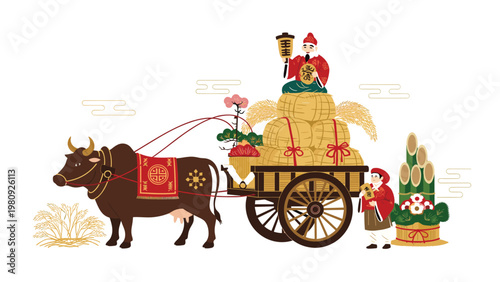 Festive Japanese festival cart pulled by a brown ox and carrying traditional symbols of luck and wealth for New Year and harvest celebrations.