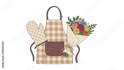 Gingham pattern apron with a brown pocket next to an oven mitt and a beautiful bouquet of colorful roses for cooking and domestic themes.