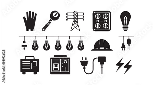Black electrical equipment collection featuring voltage wiring and maintenance tools