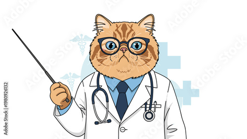 Intelligent cat character dressed as a doctor in a white coat with a stethoscope and a pointing stick in front of a medical background.