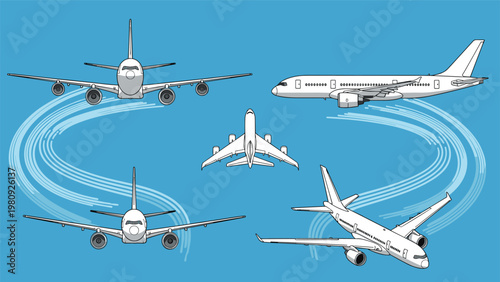 Collection of different airplanes flying in various directions against a clear blue sky background representing travel and aviation industry.