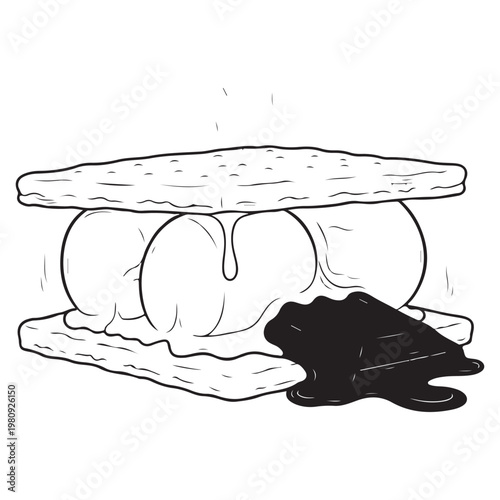 Hand drawn s'more illustration with melting chocolate and marshmallows vector line art for coloring book