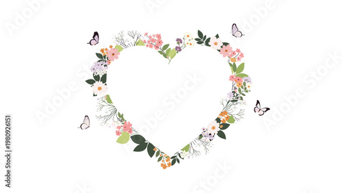 Beautiful heart shaped wreath made of colorful spring flowers and fluttering butterflies on a white background for romantic and wedding designs.