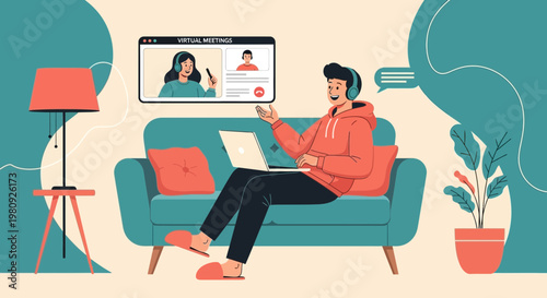 Man on Sofa Having Virtual Meeting on Laptop, Working from Home