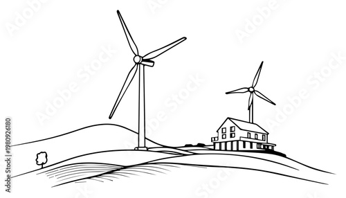 Clean energy concept featuring wind turbines near a house on a hilltop. The scene promotes sustainability, eco-friendliness, and renewable resources