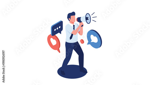 Businessman shouting through a megaphone surrounded by social media like and heart icons representing digital marketing and outreach.