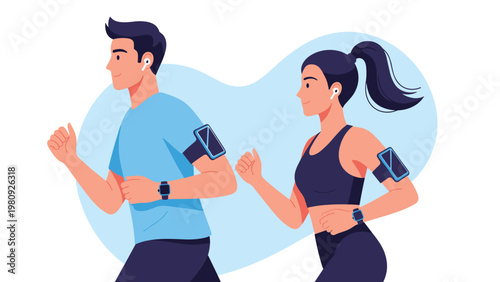 Close-up illustration of a fit man and woman running side by side with smart devices and headphones for fitness tracking.