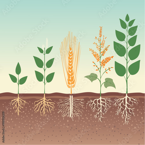 Agricultural Crop Infographic with Plant Root Vector and Soil Cross Section Illustration
