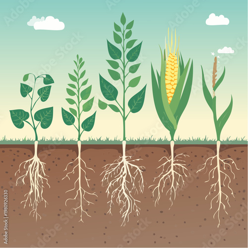 Comparative Diagram of Grain Crops with Plant Root Vector Systems and Soil Cross Section Illustration