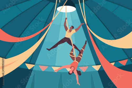 Two acrobats performing aerial silk act inside circus tent with colorful drapes and festive banners, vector illustration.