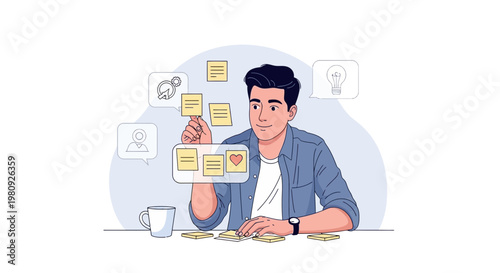 Man planning ideas with sticky notes, brainstorming, project management, creative thinking