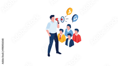 Leader addressing a group of people with a megaphone and speech bubbles representing public speaking and mass communication.