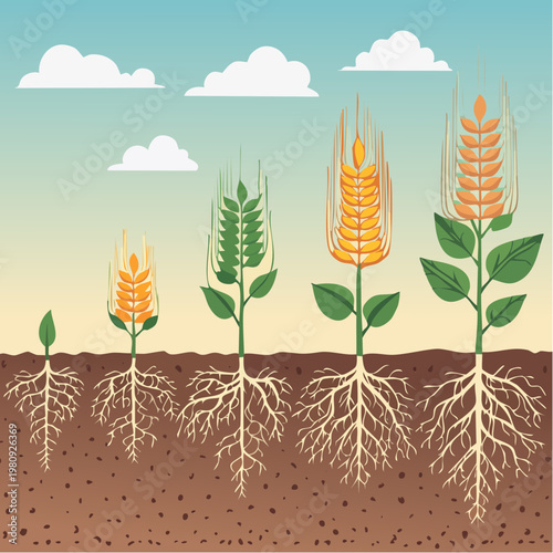 Comparative Wheat Crop Development Illustration Showing Plant Root Vector and Grain Stages