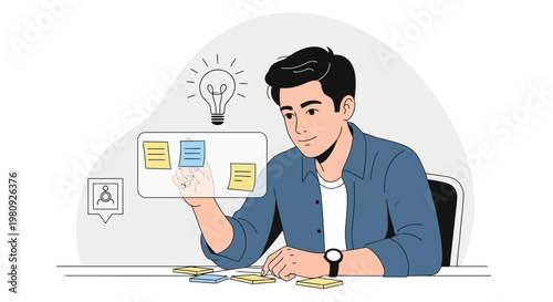 Man planning with sticky notes and lightbulb, idea generation, business strategy, creative thinking